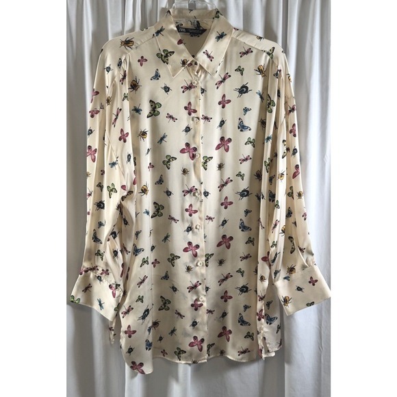 ZARA Women's Cream Butterfly Insect Print Button Up Shirt Oversized M‎ 72-27 - Picture 11 of 16